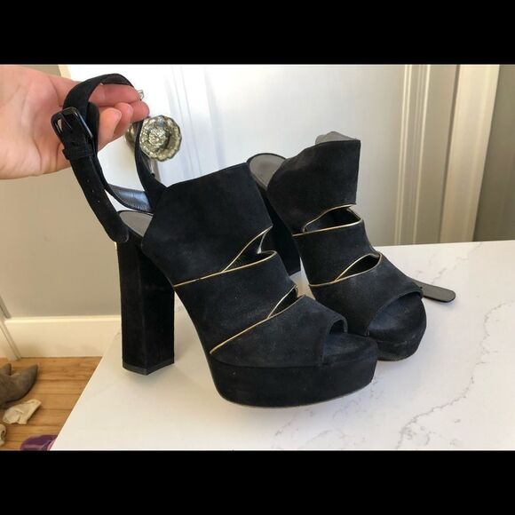 Stuart Weitzman  Black Suede Peep Toe Platform Heel Sandals with chunky heel Sz7 - Picture 4 of 7